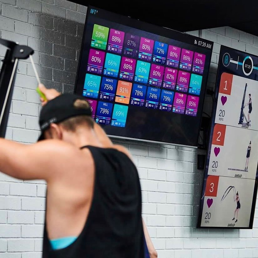 Live heart rate screens tracking the room at BFT Abbotsford
